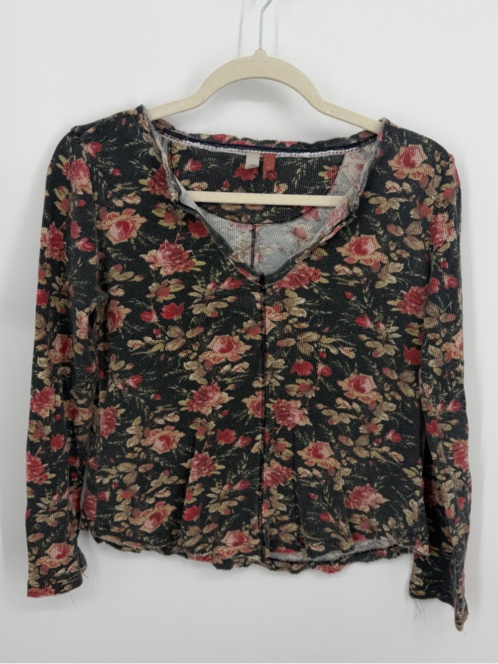 Anthropologie Pilcro Split-Neck Black Floral Motif Top, Size S